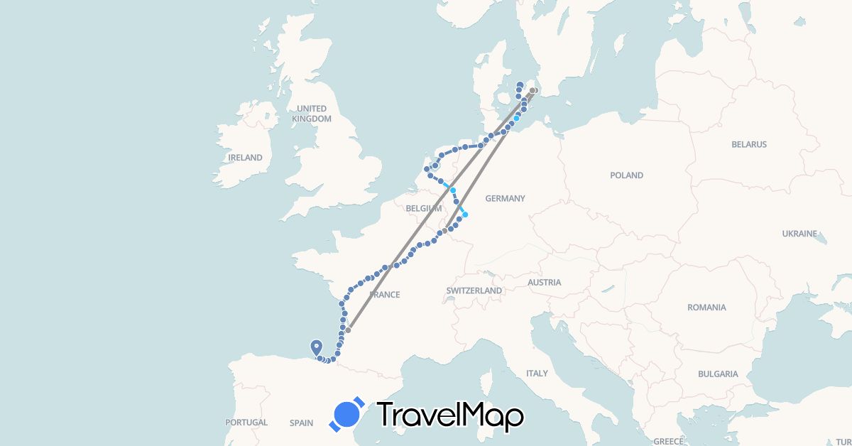 TravelMap itinerary: driving, plane, cycling, boat in Germany, Denmark, Spain, France, Luxembourg, Netherlands (Europe)